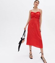 New Look Red Spot Crepe Ruched Frill Midi Dress